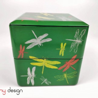  2-tier square green box with hand painted dragonfly 12xH12cm